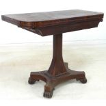 An early Victorian rosewood veneered card table, fold over top, green baize,
