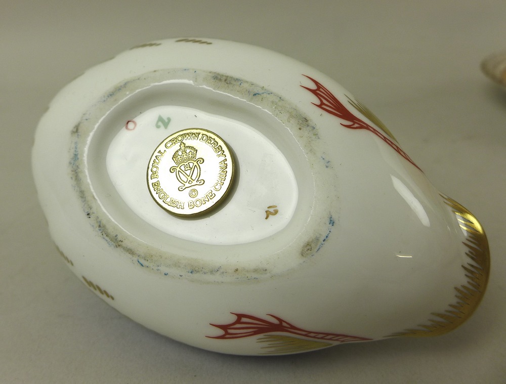 A Royal Crown Derby bone china paperweight, modelled as a duck, gold stopper, 12cm long, - Image 3 of 8