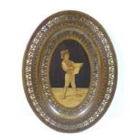 An Italian early 20th century Sorrento ware wooden oval wall plaque,
