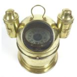 A brass ship's binnacle containing gimballed compass, the dial marked Bergen, Nautik, Norway,