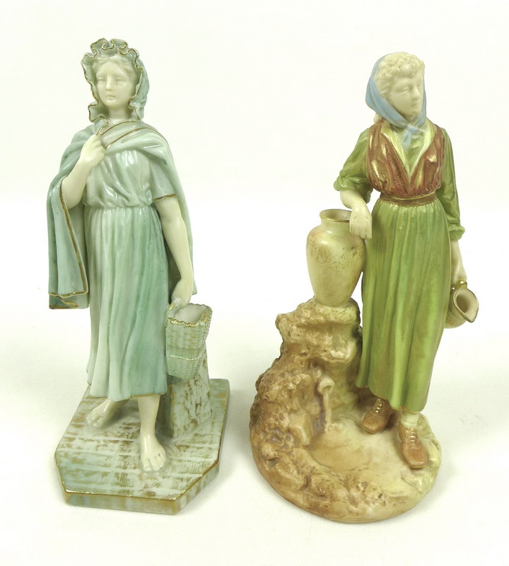 Two Royal Worcester porcelain figurines, the first modelled as an Irish girl, circa 1901,