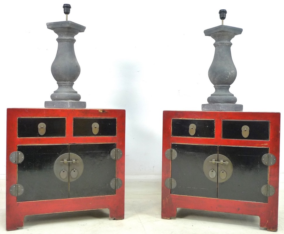 A pair of modern Chinese red and black painted cabinets, 60 by 40 by 61cm high,