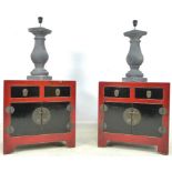 A pair of modern Chinese red and black painted cabinets, 60 by 40 by 61cm high,
