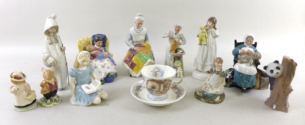 A group of nine Royal Doulton figurines, modelled as Alice, HN2158, And So To Bed, Childhood Days,