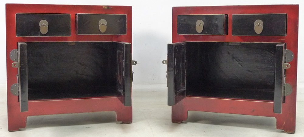 A pair of modern Chinese red and black painted cabinets, 60 by 40 by 61cm high, - Image 2 of 5