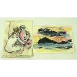 Richard Robbins (British, 1927-2009): two pastel sketches sent as Christmas cards, 20 by 14.