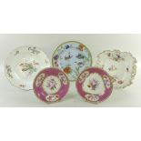 A group of five English and Continental porcelain plates and dishes, 18th and 19th century,