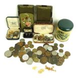 A collection of jewellery, coins and vertu, including a pair of 18ct gold oval cufflinks,