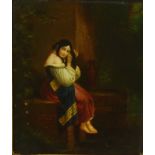 Continental School (19th century): a young lady sitting on a wall in a garden,