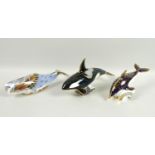 A group of three Royal Crown Derby paperweights, modelled as Oceanic Whale, MMIII, gold stopper,