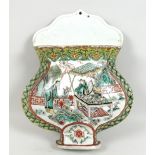 A Chinese Qing Dynasty, 19th century, famille vert porcelain wall pocket, of flat back baluster vase