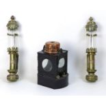 A pair of Victorian style railway brass wall sconce lights, with applied copper plaque for 'GWR' and