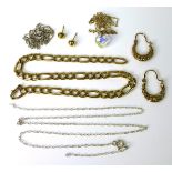 A group of jewellery, comprising an 18ct figaro link chain, unmarked but tested, 11.2g, a pair of