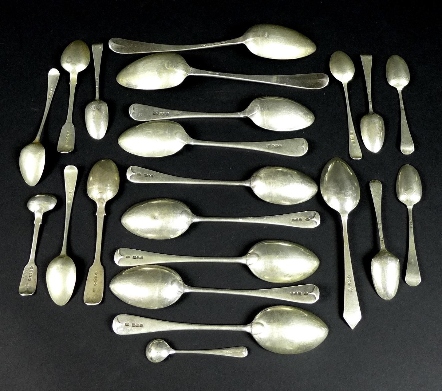 A group of Georgian and later silver spoons, comprising a pair of Georgian table spoons, engraved - Image 2 of 4