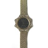 A Longines 18ct gold cocktail watch, scalloped diamond set bezel, 18ct gold braid design straps,