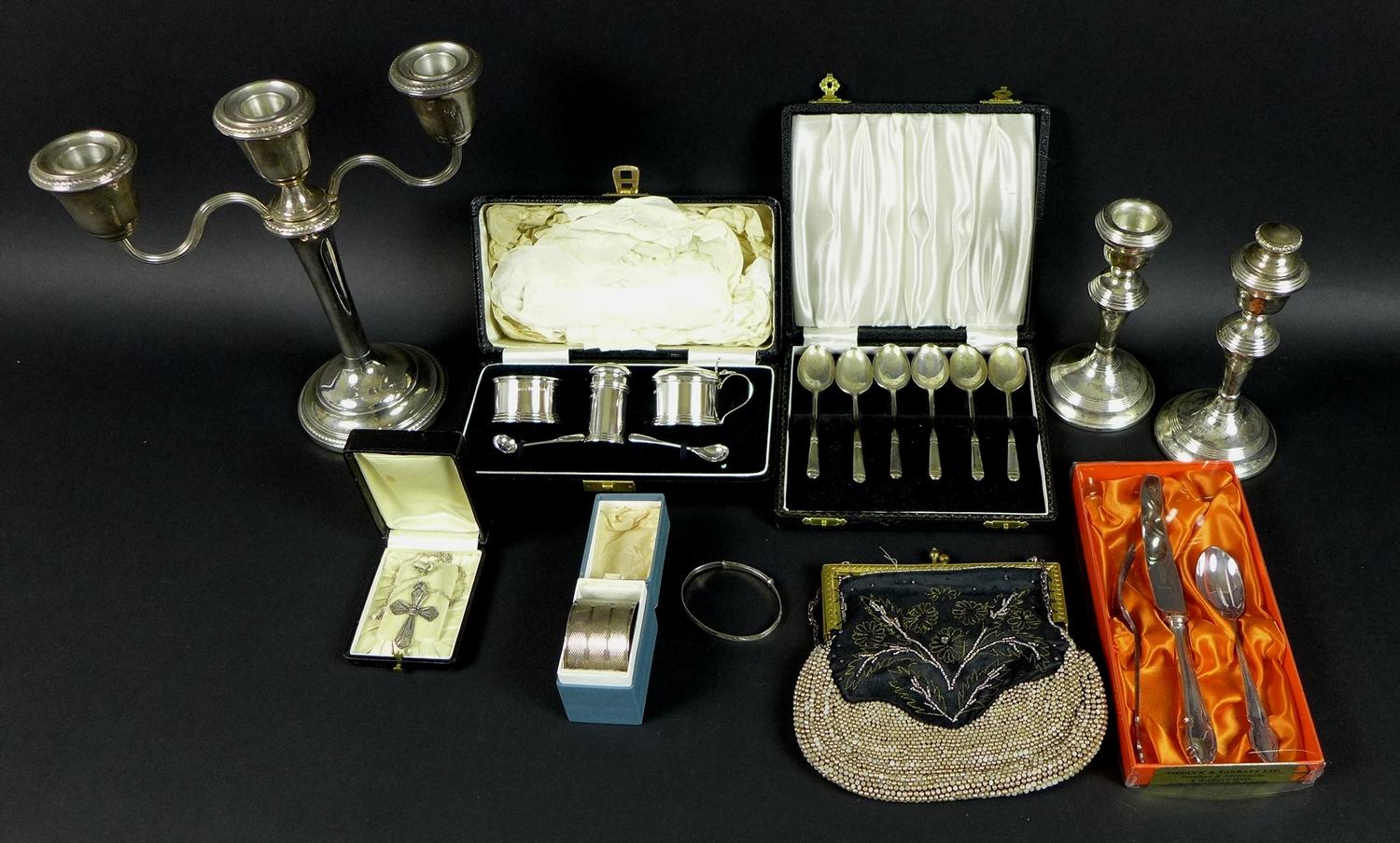 A group of silver items, comprising a pair of candlesticks, Birmingham 1968, W I Broadway & Co, a