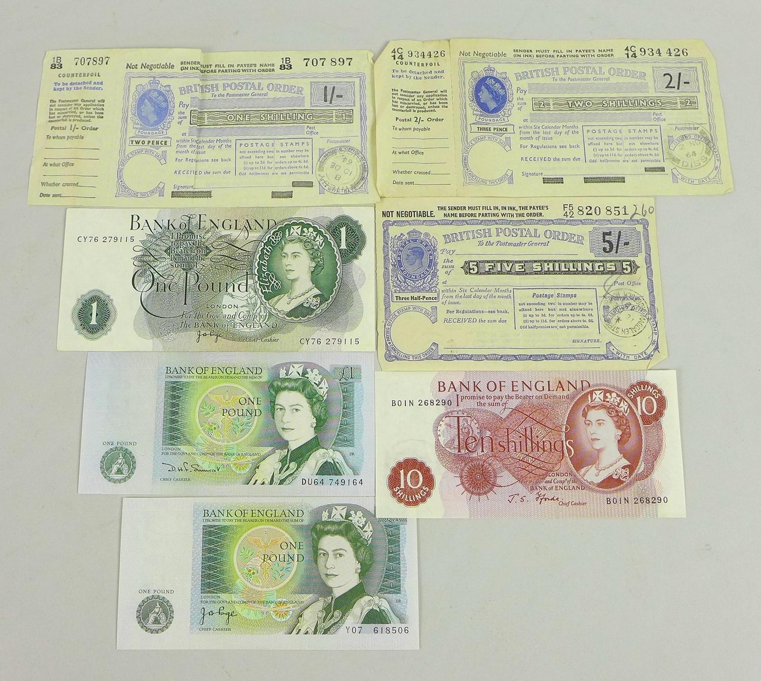 A collection of bank notes and three postal orders, comprising three £1 note, serials CY76279115,