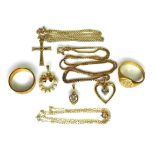 A group of 9ct gold, comprising two rings, a heart pendant with chain, a pearl and bow pendant, a