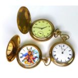 A group of three gold plated pocket watches with scrolling foliate engraved cases, comprising one