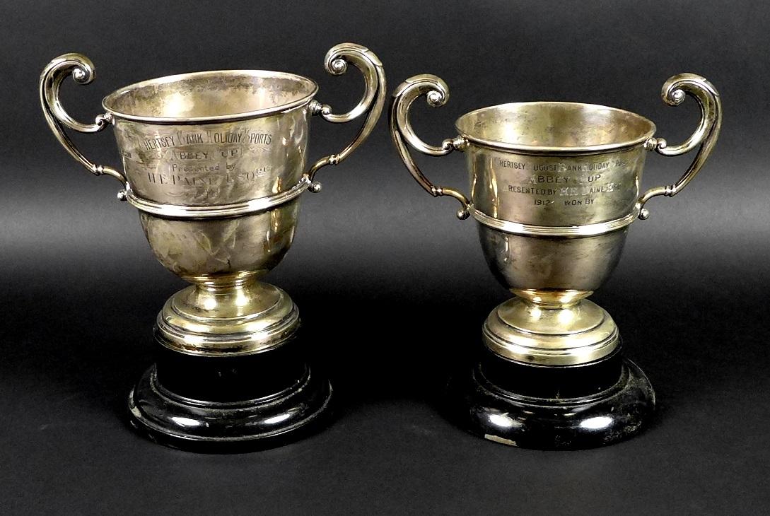 Two George V silver twin handled trophies, the first engraved 'Chertsey August Bank Holiday - Image 2 of 6