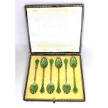 A set of six Art Nouveau Norwegian silver-gilt and green and white enamel teaspoons, marked WFB,