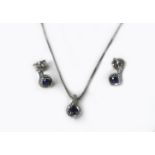 A 9ct white gold, sapphire and diamond necklace and earrings set, 4.2g total. (3)