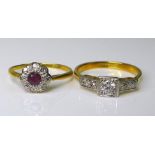 Two 18ct gold rings, the first of Art Deco style set with a central brilliant cut diamond of