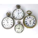 A group of four pocket watches, comprising two Waltham silver cased pocket watches, both with