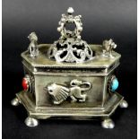 Judaica: a Russian silver hexagonal box, pierced lid with crown flanked by two prowling lions, the