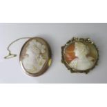 A 9ct gold cameo brooch with chain and safety pin, 5.8 by 4.5cm, together with a yellow metal