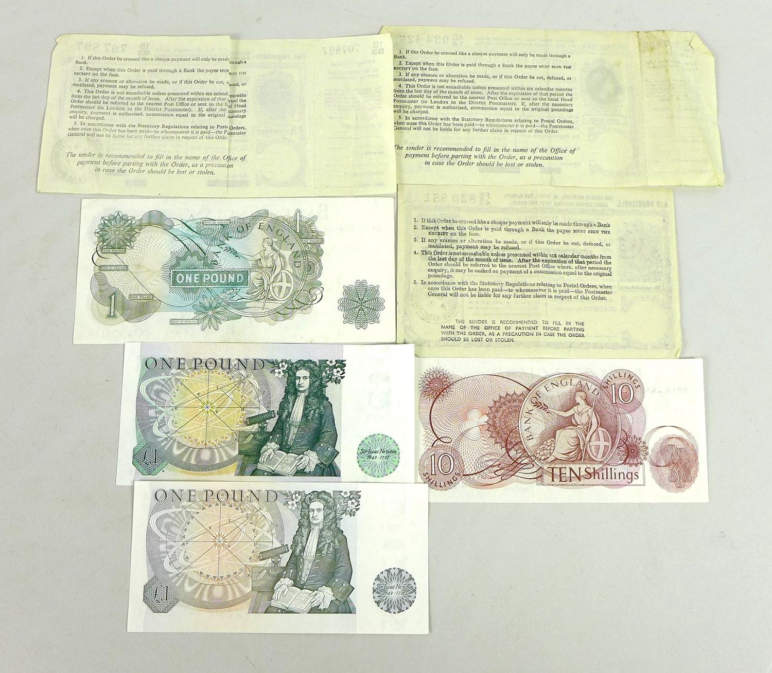 A collection of bank notes and three postal orders, comprising three £1 note, serials CY76279115, - Image 2 of 2