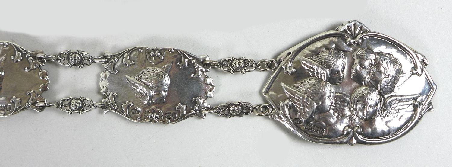 An Edward VII silver christening belt, formed of nine oval plaques each cast in relief with - Image 4 of 19