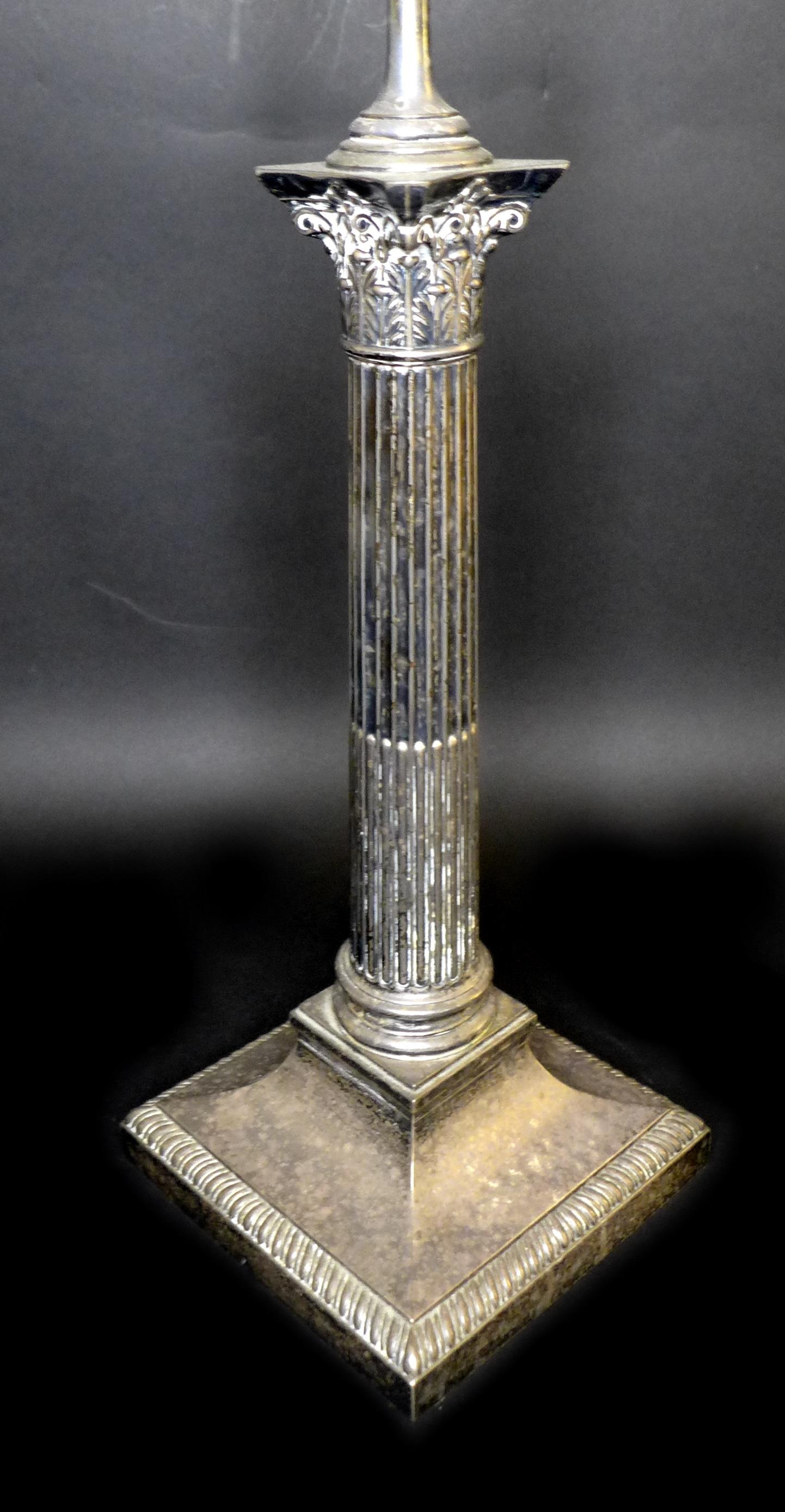 A George V silver Corinthian column form lamp base, with square form plinth, weighted base, - Image 2 of 9