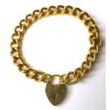 A 9ct gold chain bracelet with heart padlock clasp, marked to clasp and links, 19cm long, 35.6g.