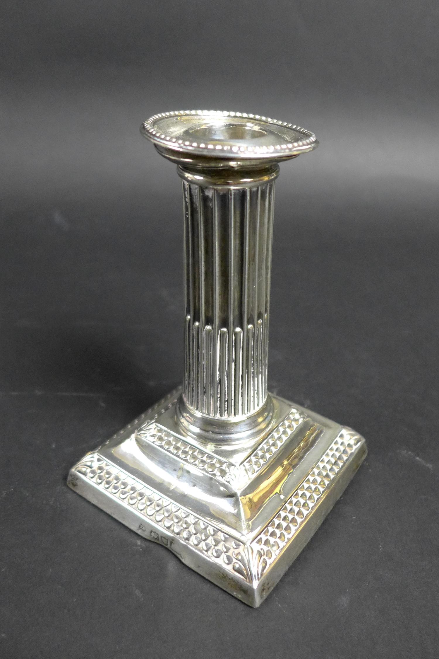 A pair of late Victorian silver dwarf candlesticks, of Roman Doric column form, with square plinths, - Image 2 of 7