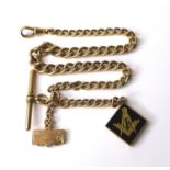 A 9ct gold early 20th century Masonic Albert chain, with square form Masonic fob with inscription