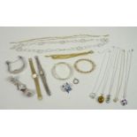 A collection of silver jewellery and wristwatches, including watches by Seiko and Accurist, and a