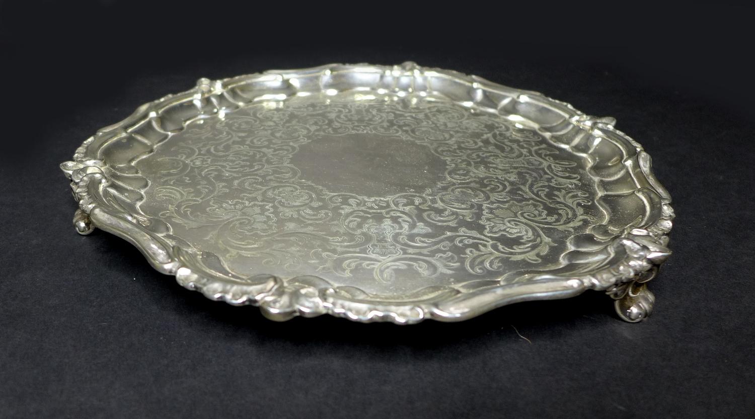 A Victorian silver salver tray, of circular Rococo form with Chippendale pie crust and C scroll rim, - Image 2 of 7