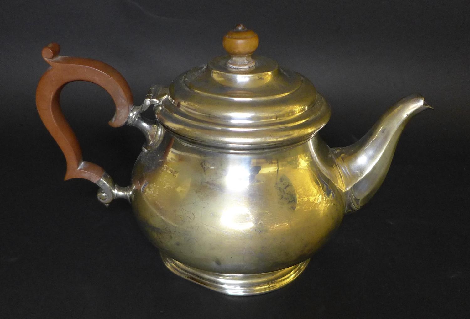 A George V silver teapot, of squat circular form, with ebonised handle and walnut finial, Adie Bros, - Image 4 of 9
