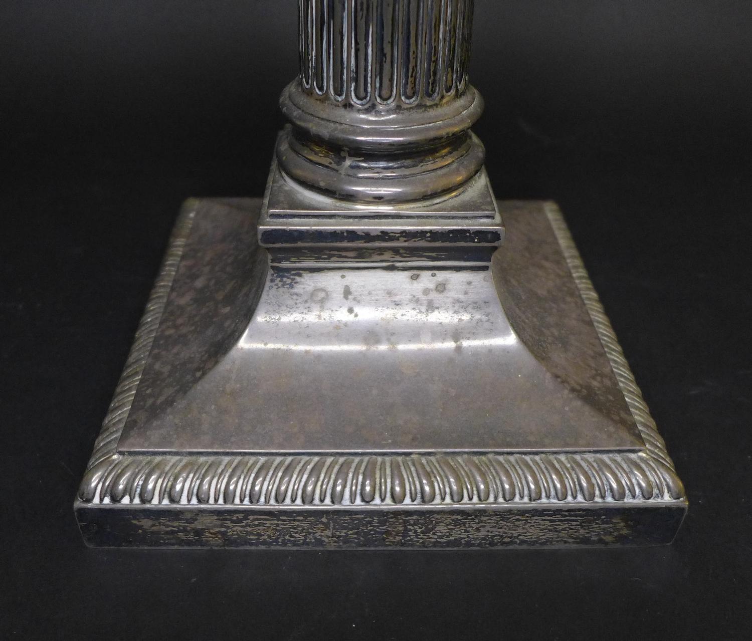 A George V silver Corinthian column form lamp base, with square form plinth, weighted base, - Image 3 of 9