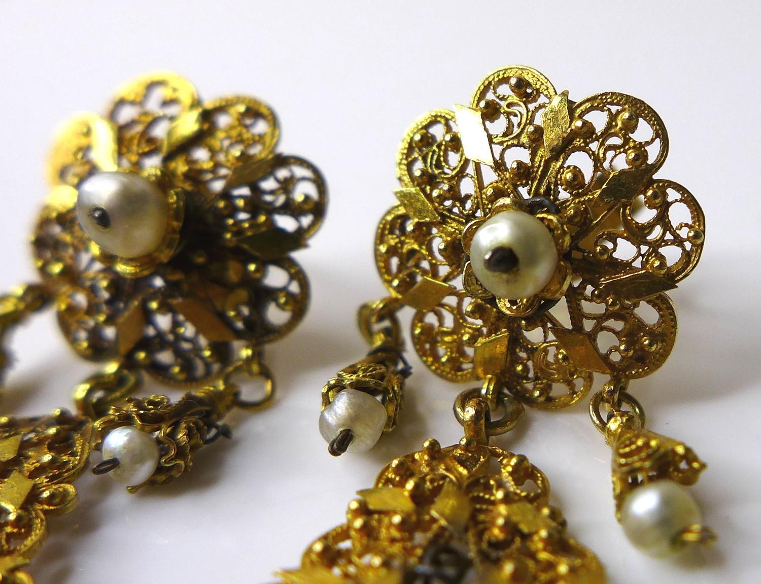 A pair of 1930s Indian 9ct gold earrings with seed pearl drops, very fine pierced decoration, each - Image 2 of 5