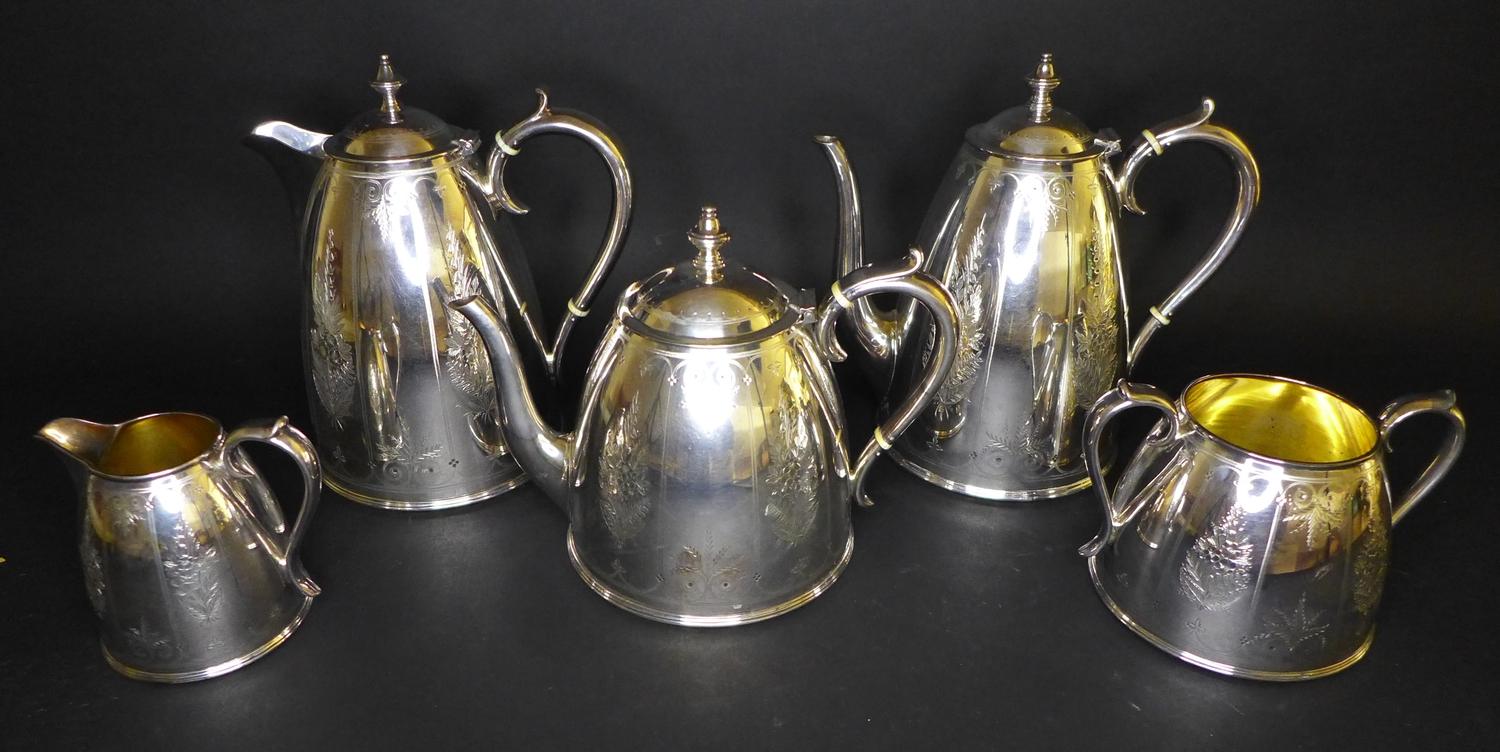 A five piece Elkington Silver plated tea and coffee service, of beehive form with foliate bright cut