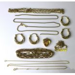 A group of 9ct gold jewellery, comprising two pairs of bi-coloured gold hoop earrings, a heart