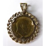 An Edward VII gold sovereign, 1908, in 9ct gold pendant mount, 6.7g.