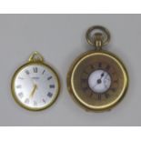 An early 20th century gold plated half hunter pocket watch, keyless wind, white enamel dial with