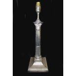 A George V silver Corinthian column form lamp base, with square form plinth, weighted base,