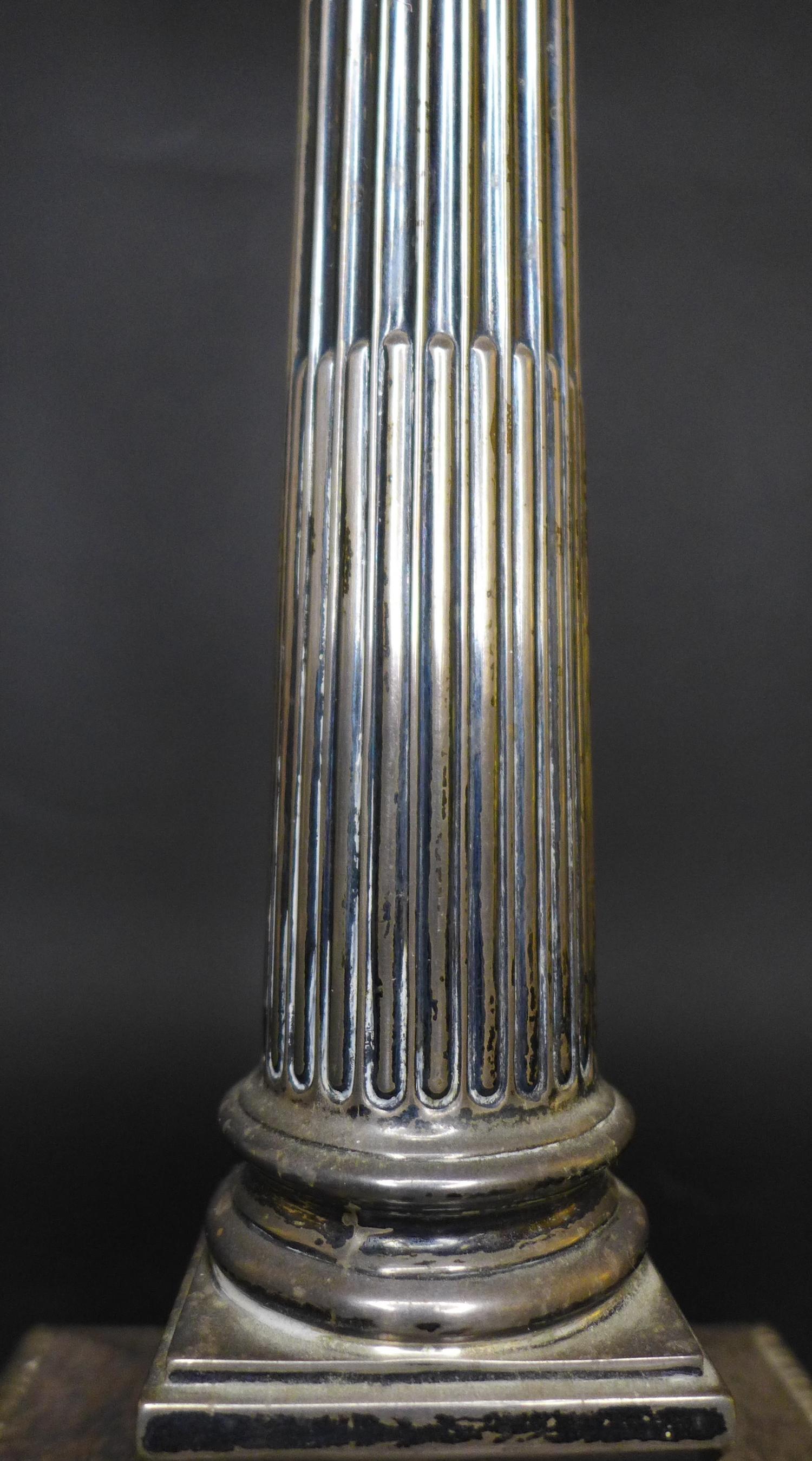 A George V silver Corinthian column form lamp base, with square form plinth, weighted base, - Image 5 of 9