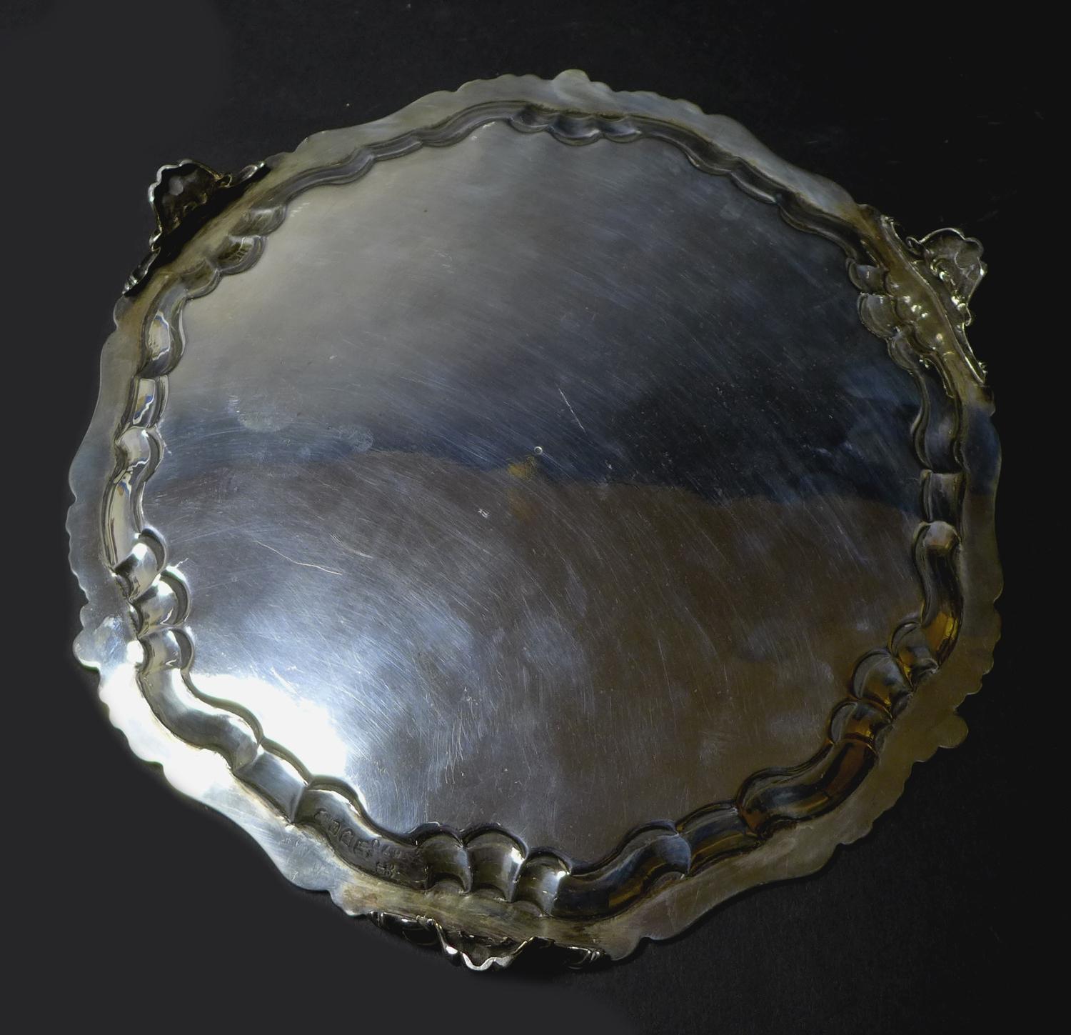 A Victorian silver salver tray, of circular Rococo form with Chippendale pie crust and C scroll rim, - Image 7 of 7