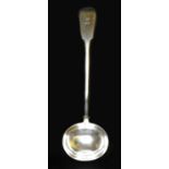 A George IV silver ladle, fiddle pattern, terminal engraved with stag's head armorial, William