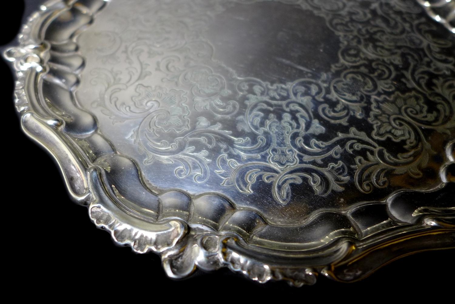 A Victorian silver salver tray, of circular Rococo form with Chippendale pie crust and C scroll rim, - Image 3 of 7